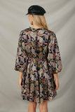HY7807 Black Womens Floral Paisley Print 3/4 Puff Sleeve Dress Pose Back