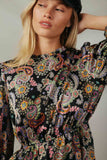 HY7807 Black Womens Floral Paisley Print 3/4 Puff Sleeve Dress Pose Detail