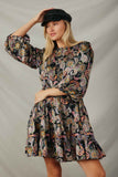 HY7807 Black Womens Floral Paisley Print 3/4 Puff Sleeve Dress Pose Front