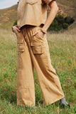 HY7814 Taupe Washed Cargo Pocket Detail Wide Leg Knit Pants Front