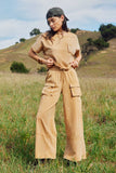 HY7814 Taupe Washed Cargo Pocket Detail Wide Leg Knit Pants Front 2