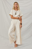 HY7890 Ivory Womens Patch Pocket Wideleg Textured Jumpsuit Full Body