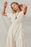 HY7890 Ivory Womens Patch Pocket Wideleg Textured Jumpsuit Front