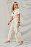 HY7890 Ivory Womens Patch Pocket Wideleg Textured Jumpsuit Side