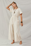 HY7890 Ivory Womens Patch Pocket Wideleg Textured Jumpsuit Pose