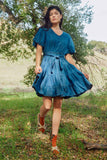 HY7930 Mid_Denim Womens Denim Washed Belted V Neck Dress Full Body