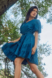 HY7930 Mid_Denim Womens Denim Washed Belted V Neck Dress Pose