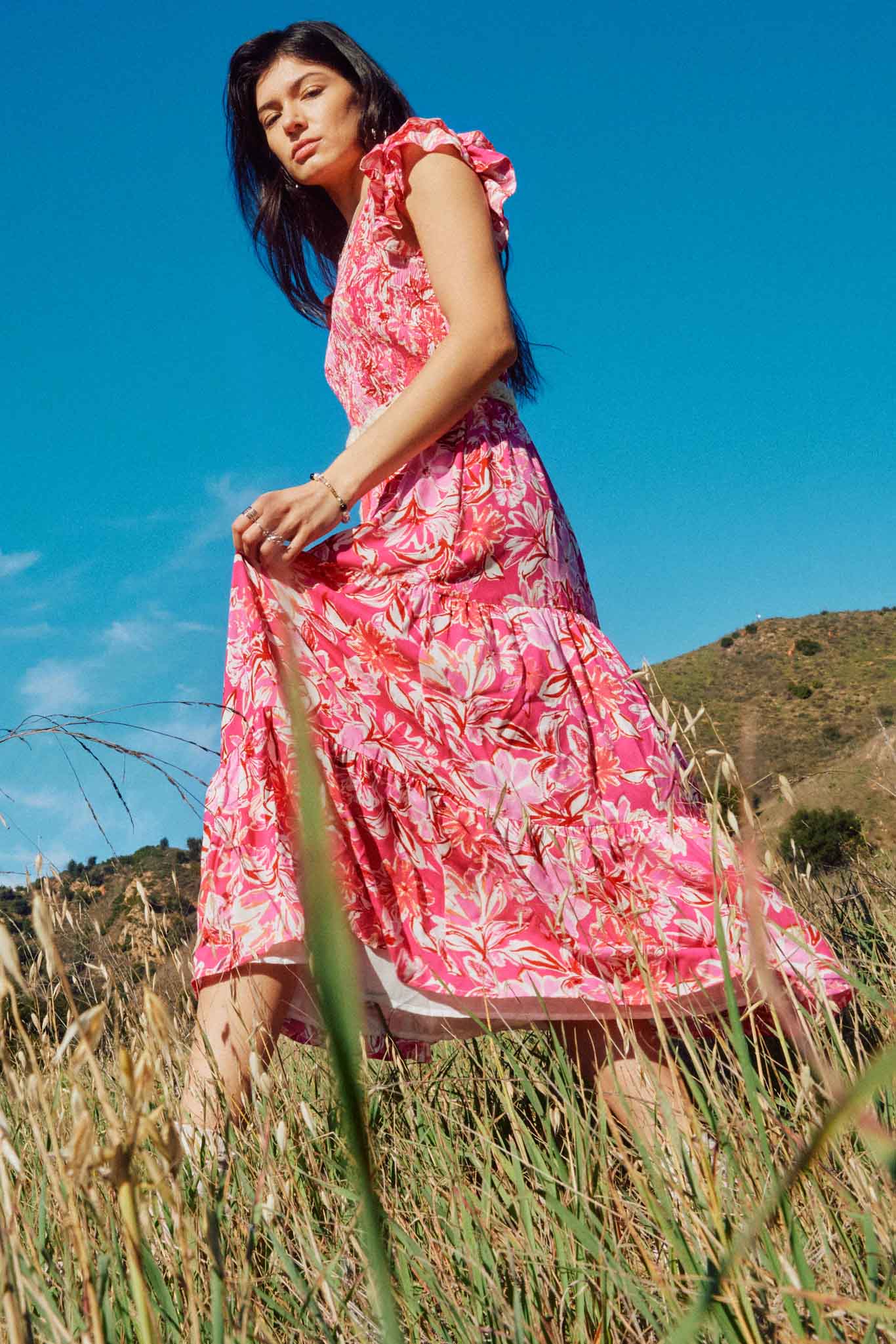 Womens Tropical Floral Ruffle Tank Dress