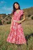 HY7988 Pink Womens Tropical Floral Smocked Ruffled Tank Dress Front