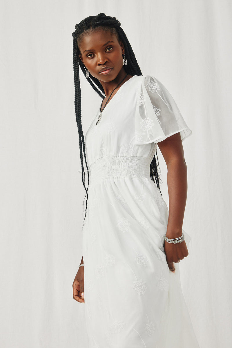 HY8060 Off_White Womens Tonal Floral Embroidered Smock Waist Dress Pose