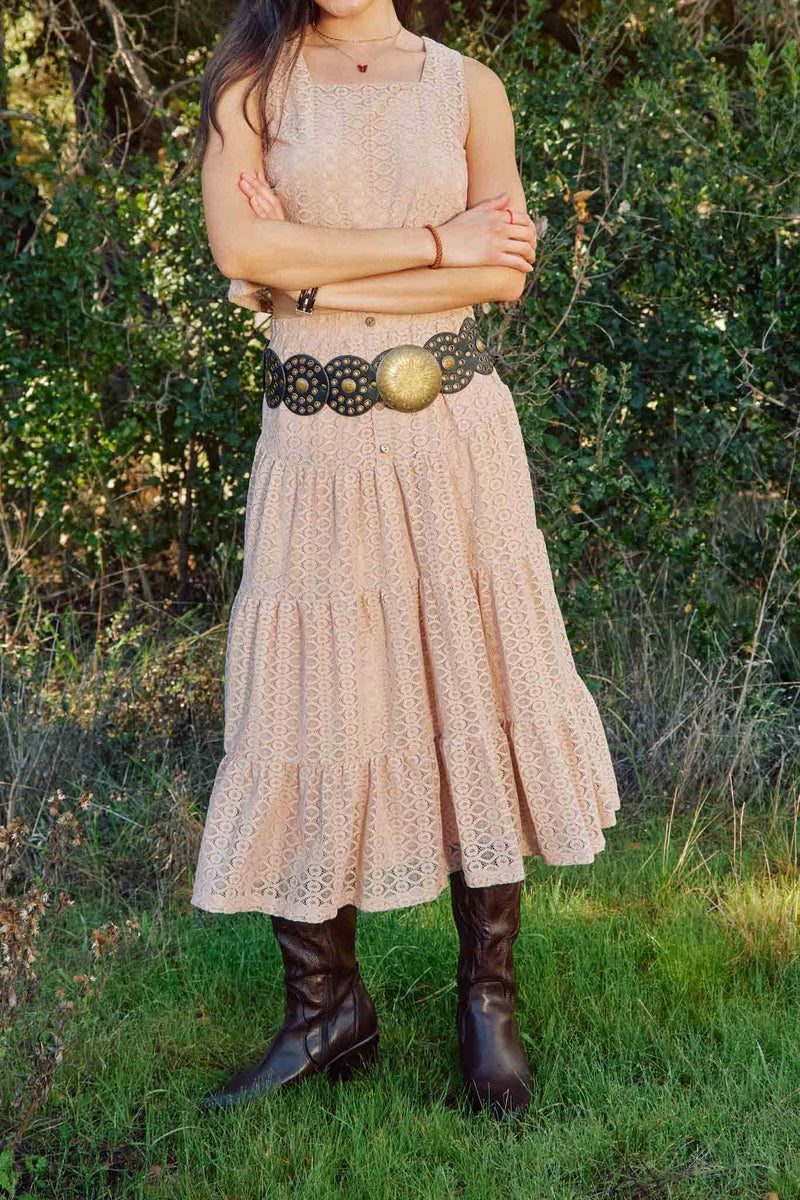 HY8153 Taupe Womens Button Detailed Tiered Lace Skirt Front