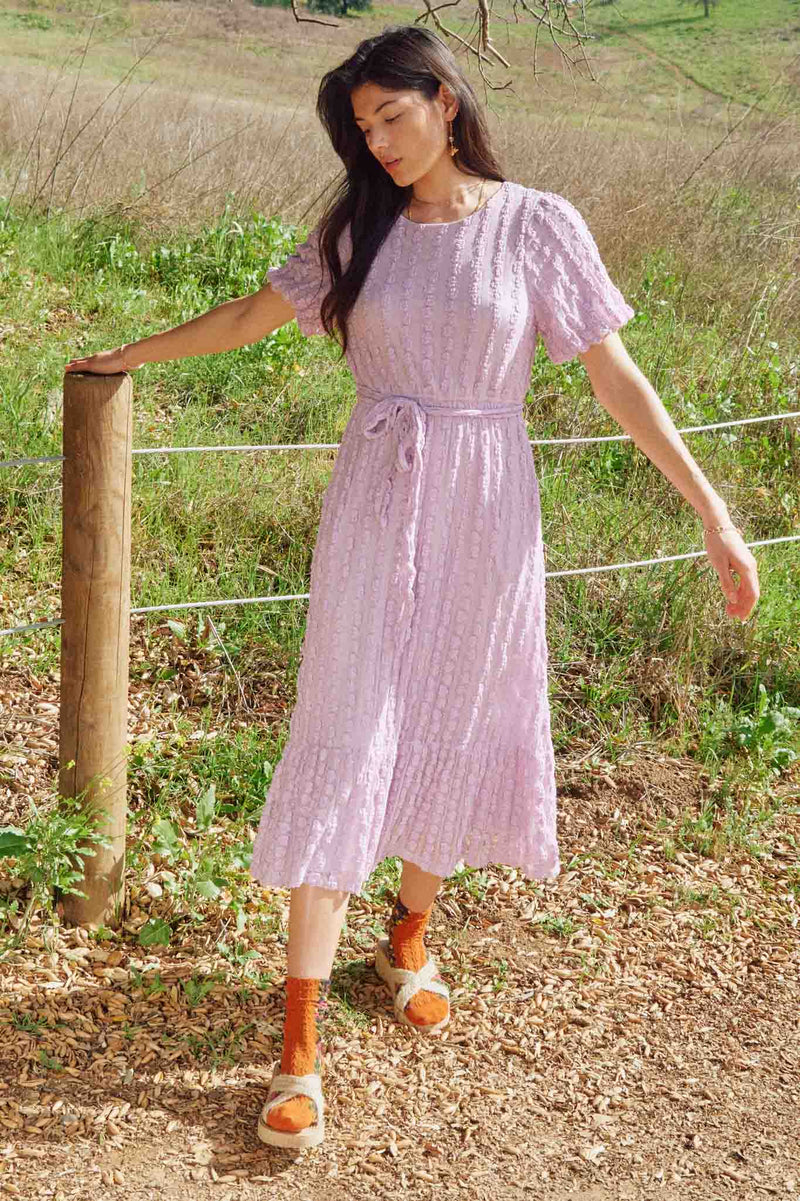 HY8181 Lavender Womens Popcorn Textured Belted Dress Full Body