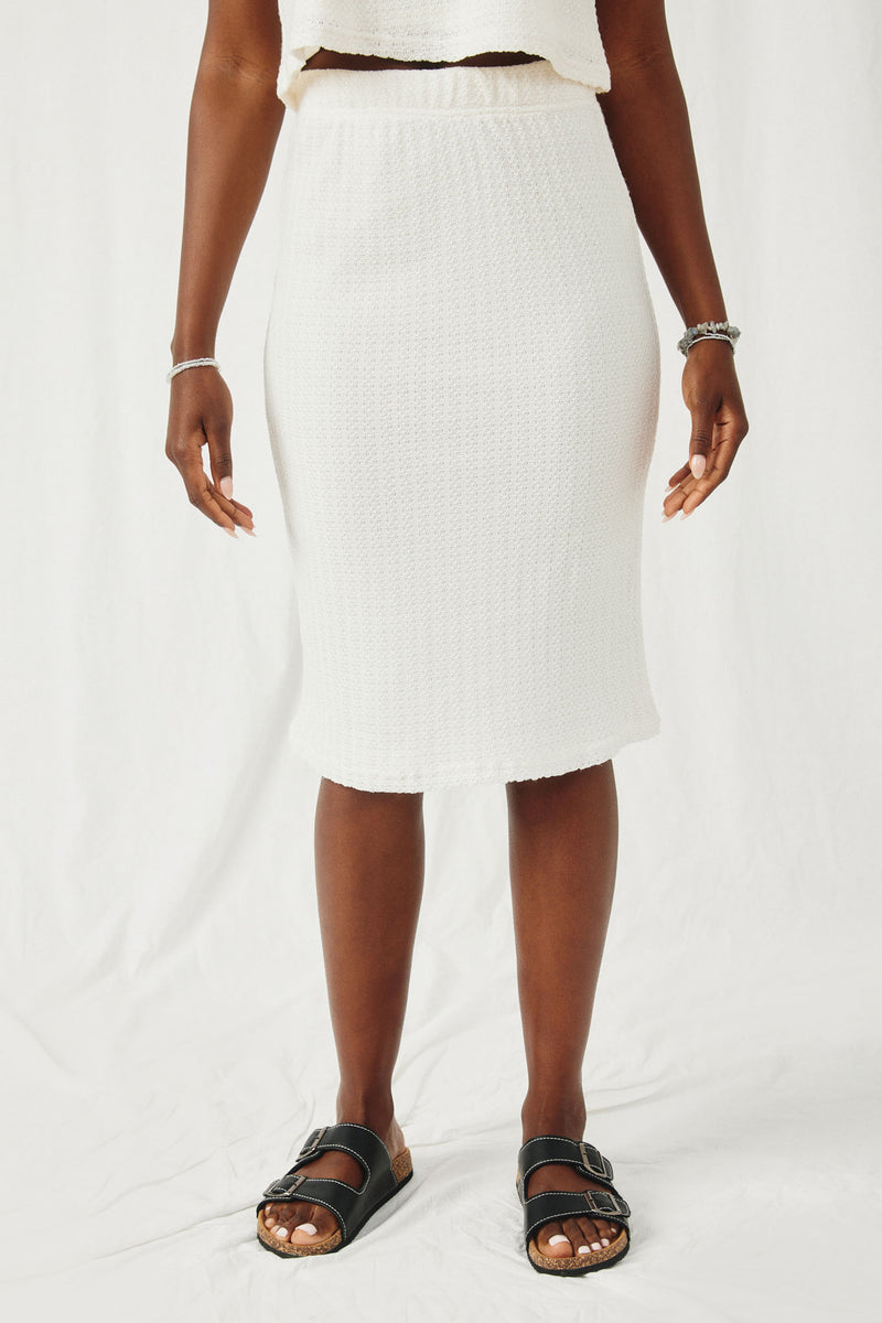 HY8185 Cream Womens Textured Knit Midi Skirt Front
