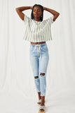 HY8188 Cream Womens Textured Stripe Loose Knit Tee Full Body