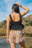 HY8199 Black Womens Floral Embossed Elastic Strap Cropped Peplum Top Back