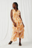 HY8204 Orange Womens Floral Waist Tie Tiered Tank Dress Full Body