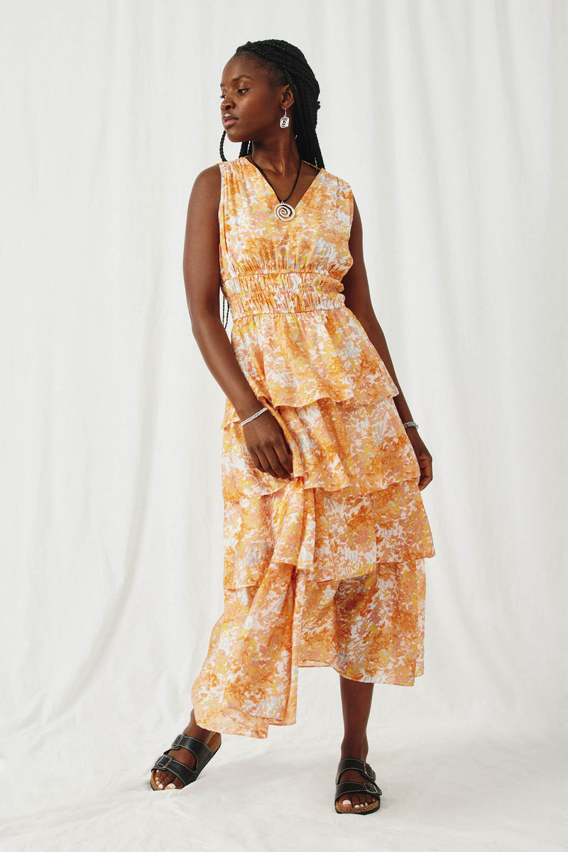 HY8204 Orange Womens Floral Waist Tie Tiered Tank Dress Full Body