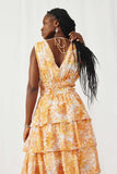 HY8204 Orange Womens Floral Waist Tie Tiered Tank Dress Back
