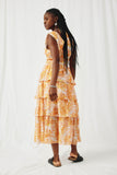 HY8204 Orange Womens Floral Waist Tie Tiered Tank Dress Full Body 2