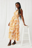 HY8204 Orange Womens Floral Waist Tie Tiered Tank Dress Pose