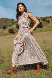 HY8205 Blue Womens Floral Ruffle Detailed Cutout Dress Full Body