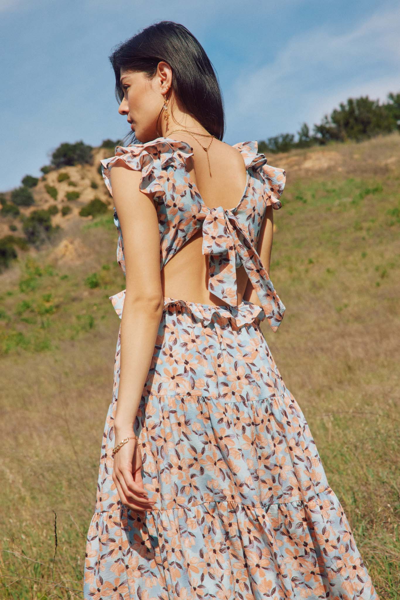 Womens Floral Ruffle Detailed Cutout Dress | Boho Clothing Blue / L Blue Women's Dresses Tank Dresses Sophie & Hailee Womens Floral Ruffle Detailed Cutout Dress | Boho Clothing Blue / L Blue Women's Dresses Tank Dresses Sophie & Hailee