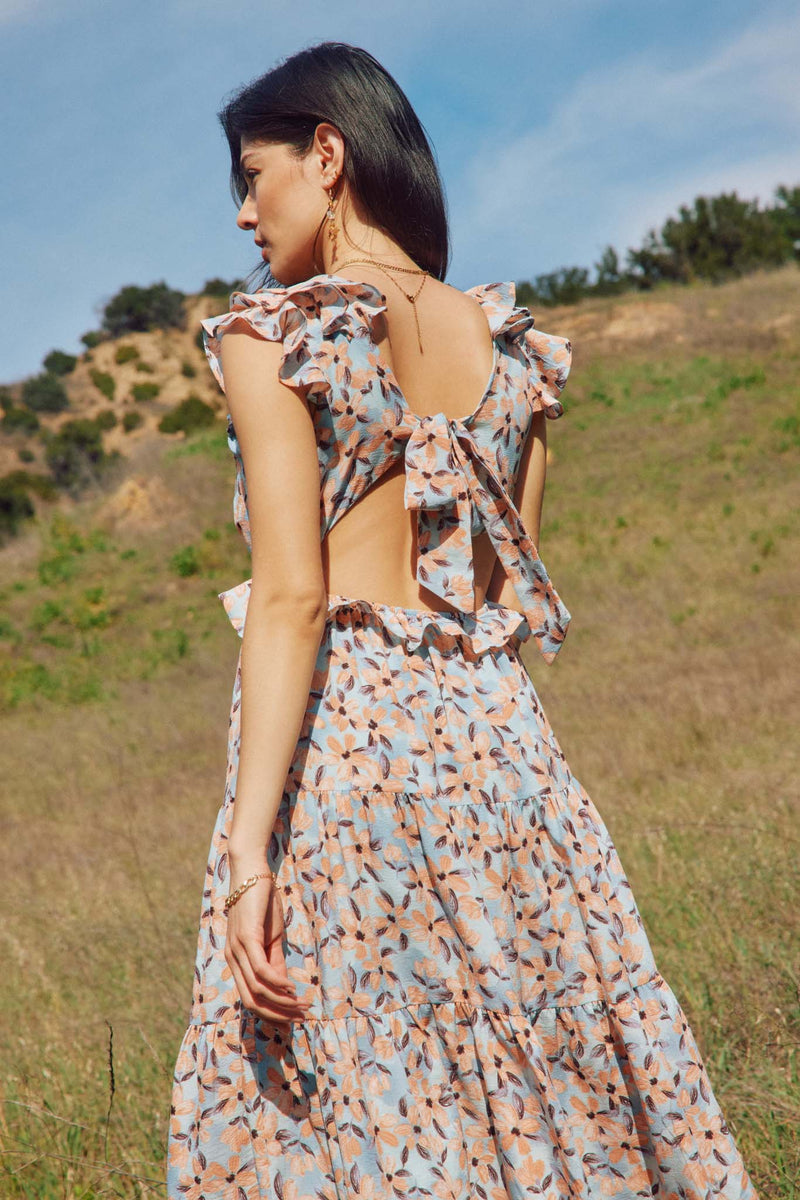 HY8205 Blue Womens Floral Ruffle Detailed Cutout Dress Side