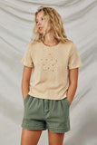 HY8216 Tan Womens Studded Star Patch Textured Knit T Shirt Front