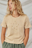 HY8216 Tan Womens Studded Star Patch Textured Knit T Shirt Front