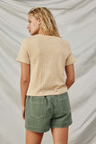 HY8216 Tan Womens Studded Star Patch Textured Knit T Shirt Back