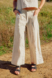 HY8220 Oatmeal Womens Textured Linen Look Pleated Wide Leg Slacks Side