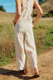 HY8220 Oatmeal Womens Textured Linen Look Pleated Wide Leg Slacks Back