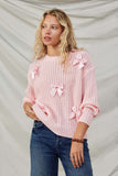 HY8340 Pink Womens Low Gauge Bow Detail Pullover Sweater Front