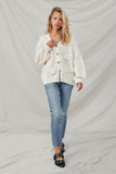 HY8343 Cream Womens Lace Frilled Buttoned Sweater Cardigan Full Body