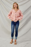 HY8343 Pink Womens Lace Frilled Buttoned Sweater Cardigan Full Body