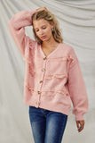 HY8343 Pink Womens Lace Frilled Buttoned Sweater Cardigan Pose