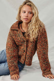 HY8349 Brown Mix Womens Multicolor Yarn Collared Button Sweater Cardigan Pose