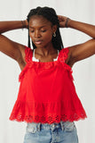 HY8382 Red Womens Scalloped Eyelet Ruffle Tank Pose 2