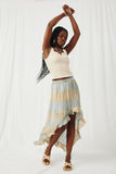 HY8448 Blue_Mix Womens Crinkle Textured Asymmetric High Low Skirt Pose