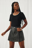 HY8490 Black Womens Box Pleated Washed Denim Skirt Front