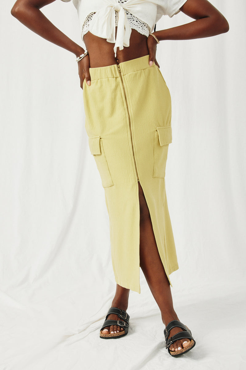 HY8508 Mustard Womens Cargo Pocket Front Zip Textured Knit Skirt Front