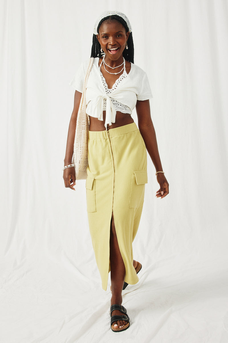 HY8508 Mustard Womens Cargo Pocket Front Zip Textured Knit Skirt Full Body