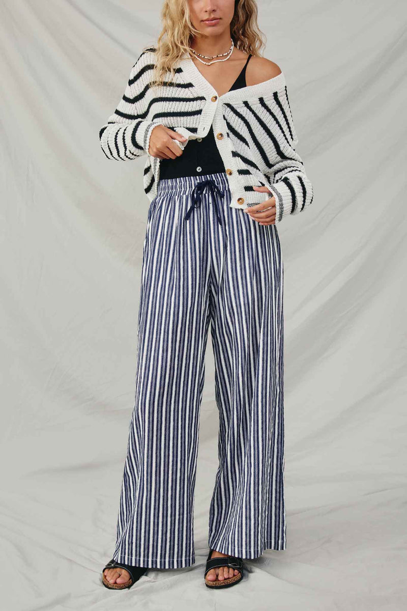 HY8643 Navy Womens Textured Stripe Drawstring Wide Leg Pants Front