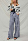 HY8643 Navy Womens Textured Stripe Drawstring Wide Leg Pants Front