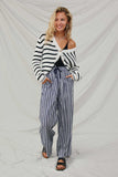 HY8643 Navy Womens Textured Stripe Drawstring Wide Leg Pants Full Body