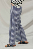 HY8643 Navy Womens Textured Stripe Drawstring Wide Leg Pants Side