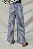 HY8643 Navy Womens Textured Stripe Drawstring Wide Leg Pants Back