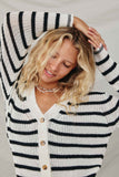 HY8669 Off White Womens Striped Buttoned Sweater Cardigan Detail