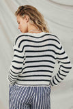 HY8669 Off White Womens Striped Buttoned Sweater Cardigan Back