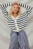 HY8669 Off White Womens Striped Buttoned Sweater Cardigan Front